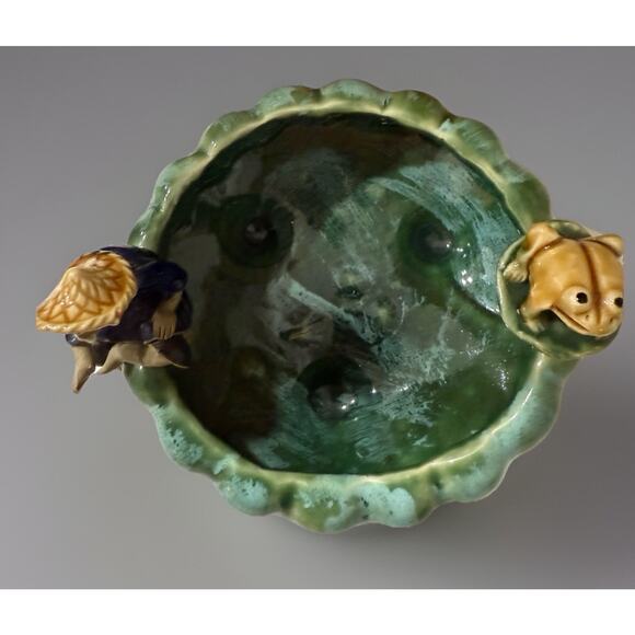 Vintage Majolica Asian Man Fisherman and Frog on Lily Pad Succulent Planter 6” - Picture 7 of 9